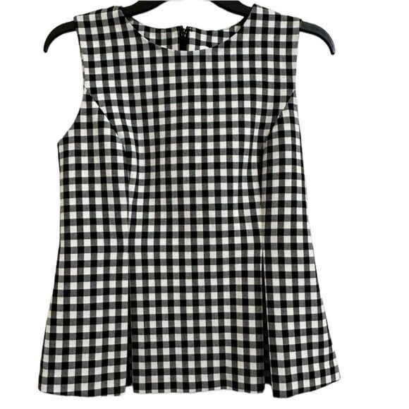 DIANE VON FURSTENBERG MALLORIE GINGHAM PEPLUM SLEEVELESS TOP BLACK WHITE‎ 2 - Picture 1 of 11